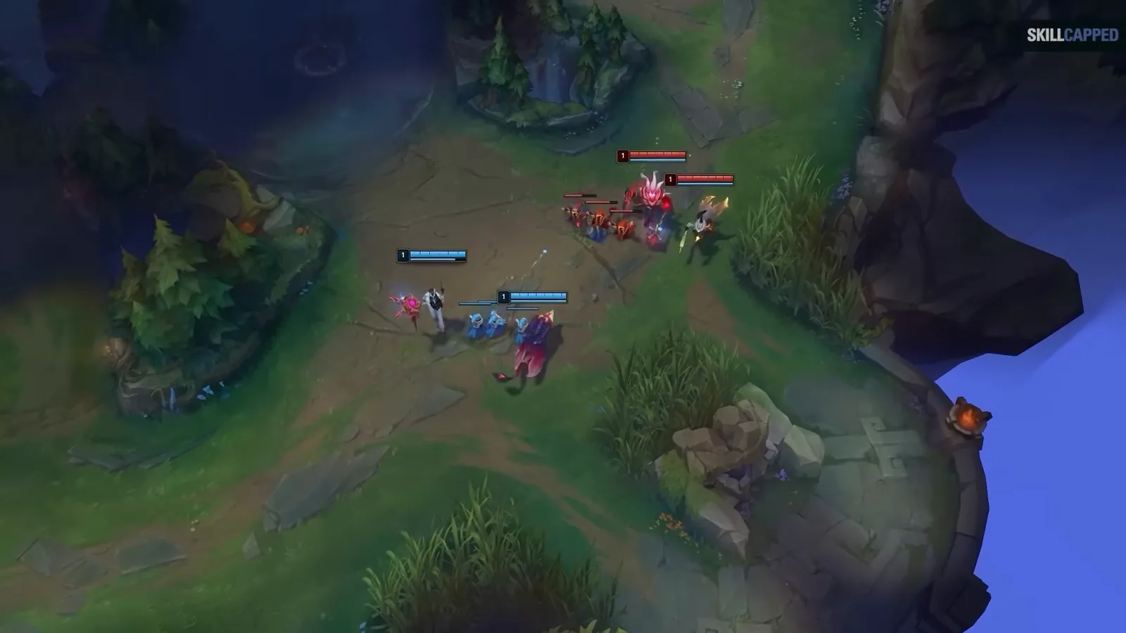 Renata support standing level with her ADC behind the minion wave against Thresh and Lucian