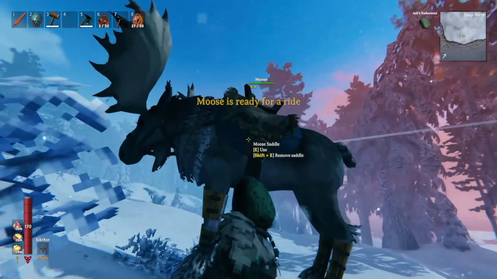 Tamed moose with a Moose Saddle ready to ride in the snowy Valheim Deep North