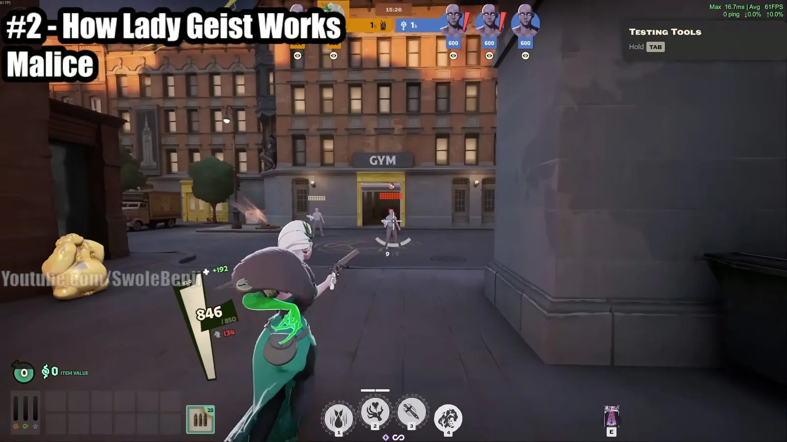 Lady Geist throwing Malice blood shards at a dummy in Deadlock