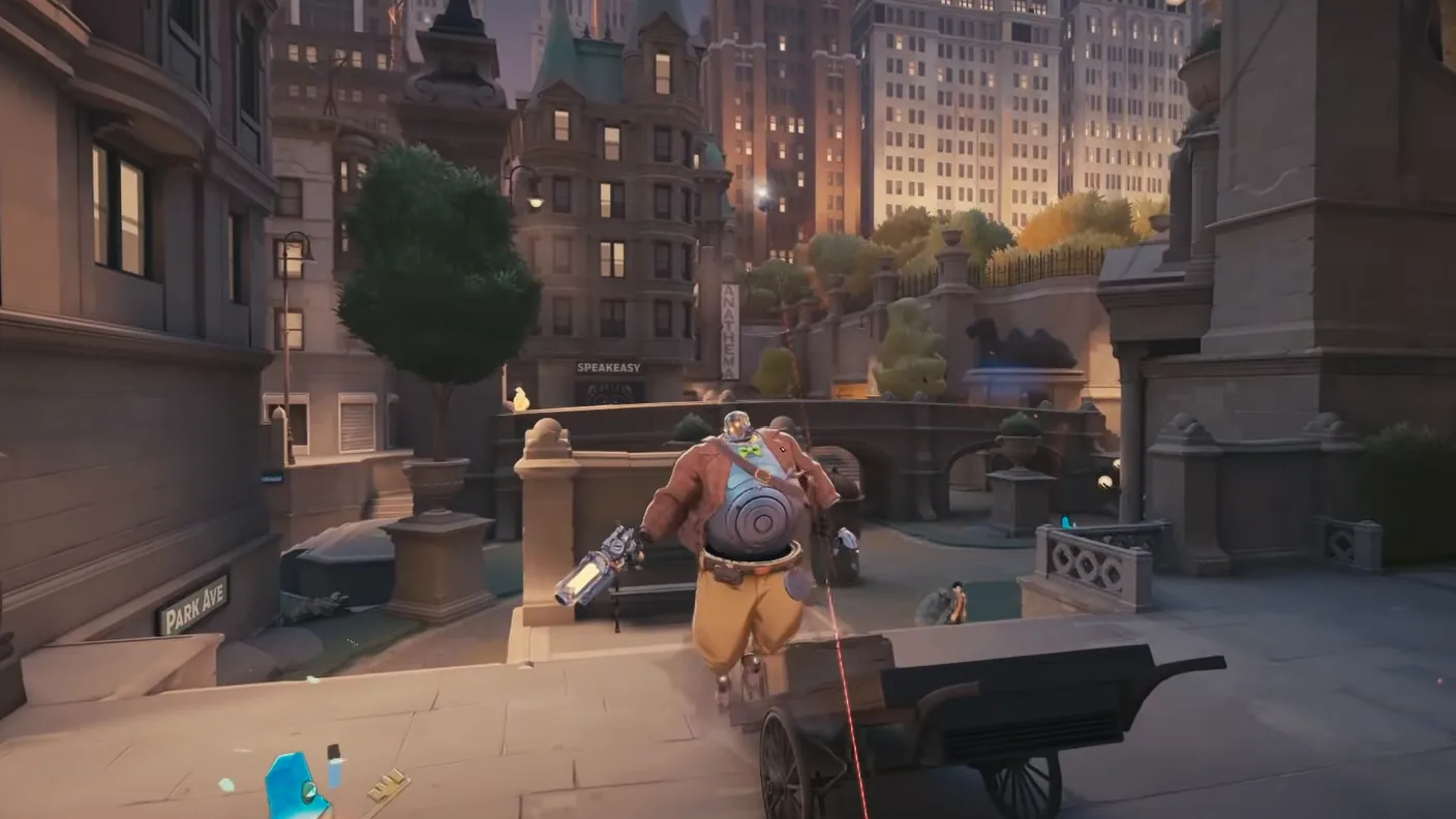 An enemy hero pushing through a park on the old Deadlock map, seen from Vindicta's side
