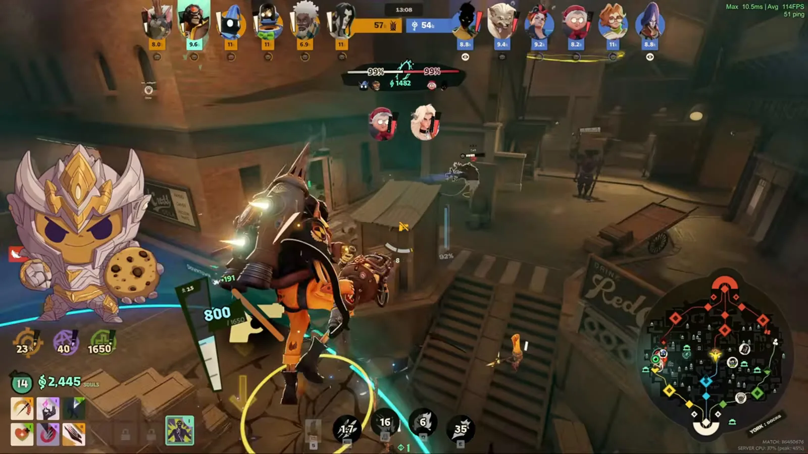 Deadman Danny flying with his rocket jetpack during an early lane in a Deadlock match