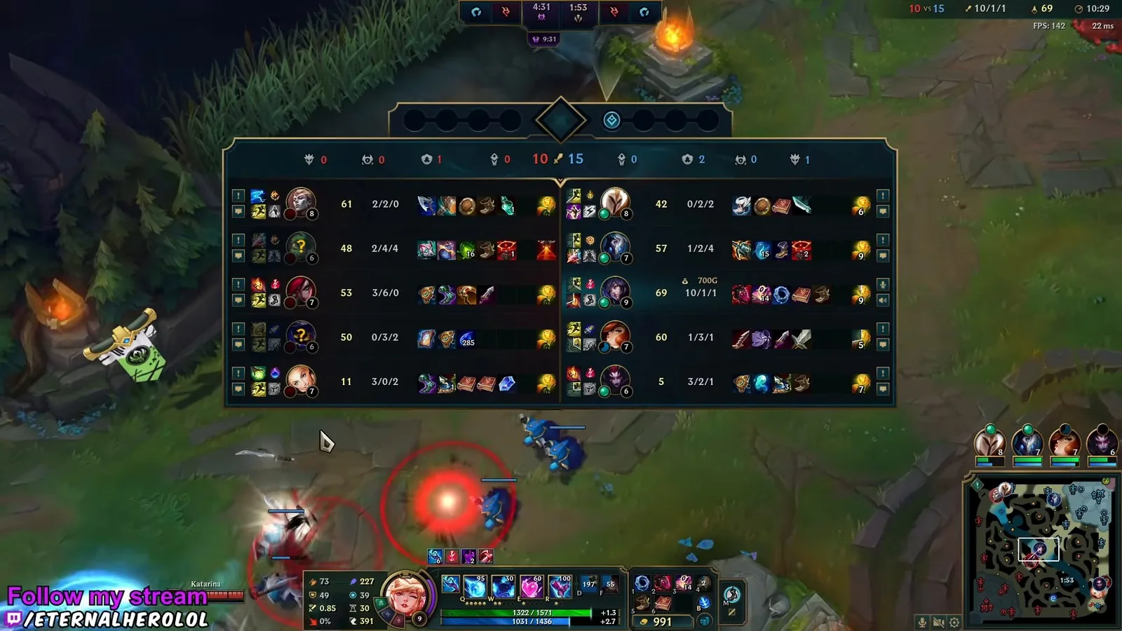 Scoreboard at 10:29 with Ahri 10/1/1 against Katarina