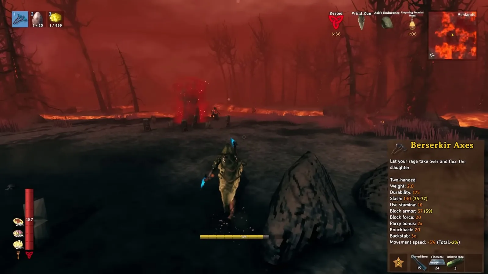 Berserkir axes tooltip in the red Valheim Ashlands
