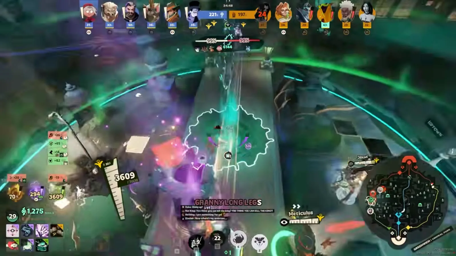 Baba stomping into a crowded Deadlock teamfight under Granny Long Legs, green barrier effects around her allies