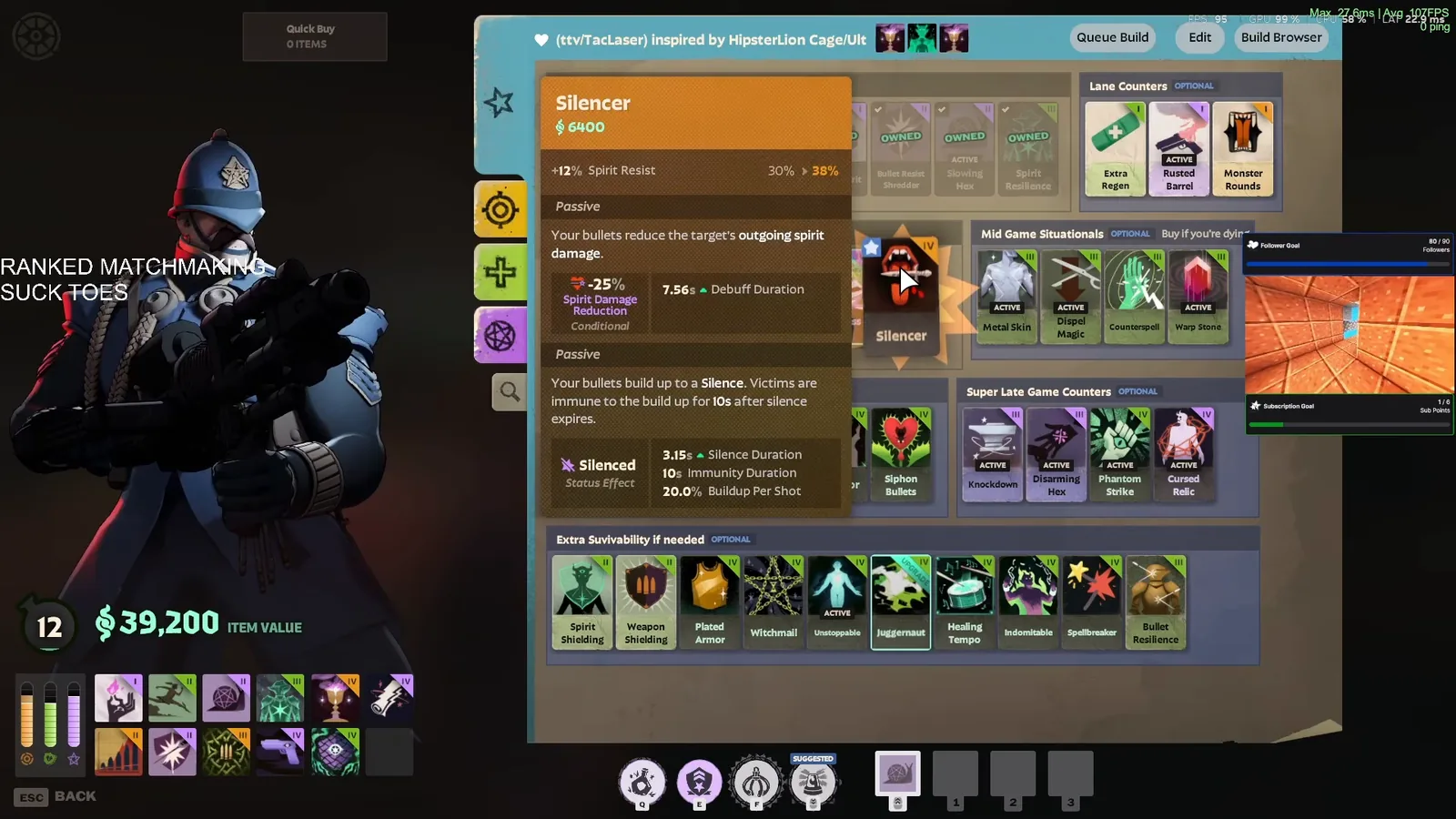 Warden mid and late game core items in the Deadlock shop with the Silencer tooltip open