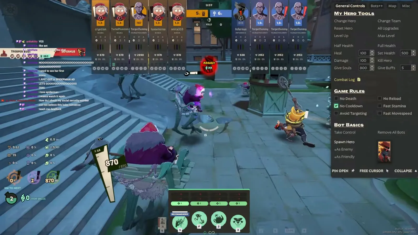 Deadlock assist on an enemy Infernus with the souls reward shown during a sandbox lane drill