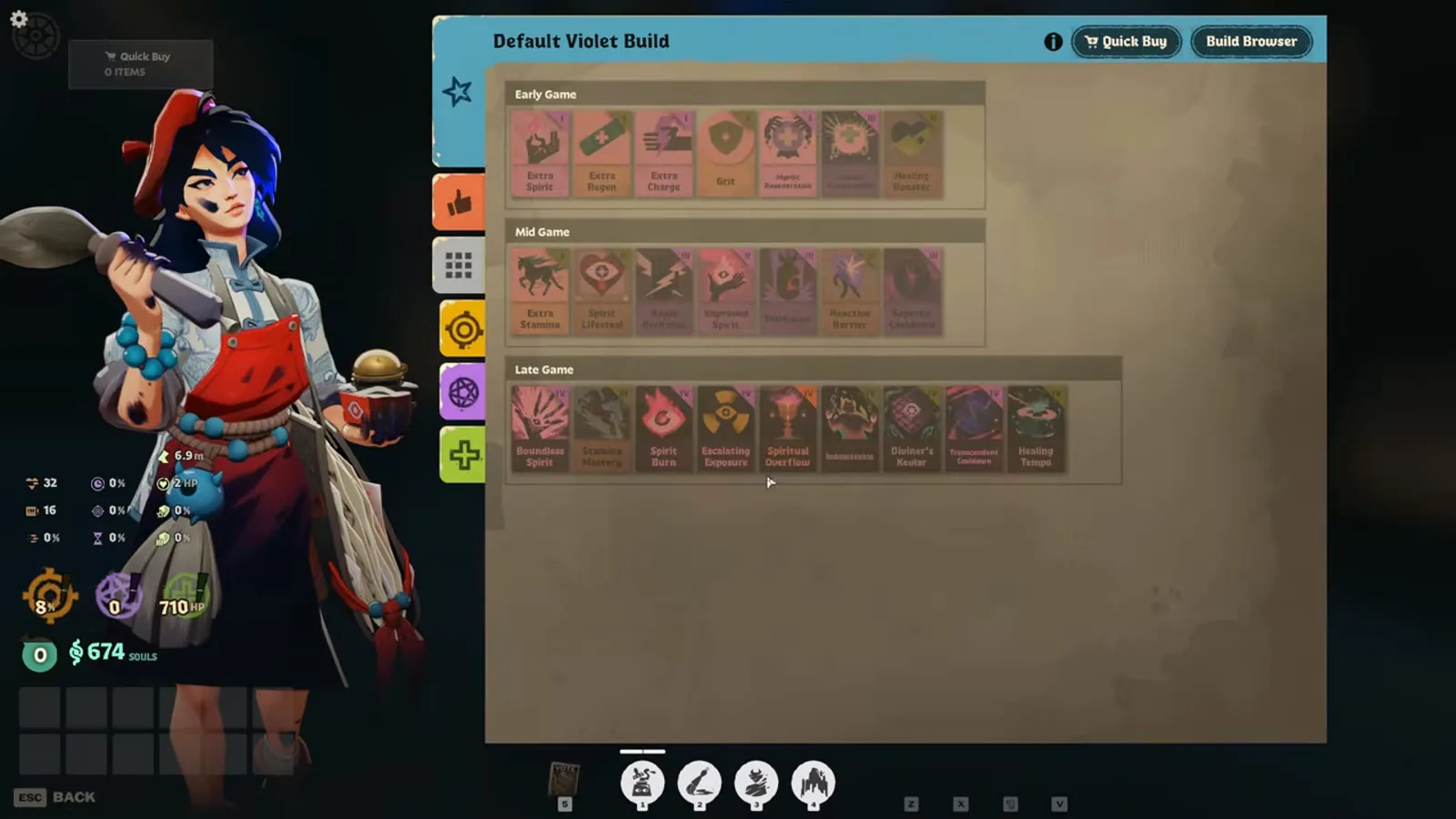 Default Violet Build item screen in Deadlock with early, mid and late game items