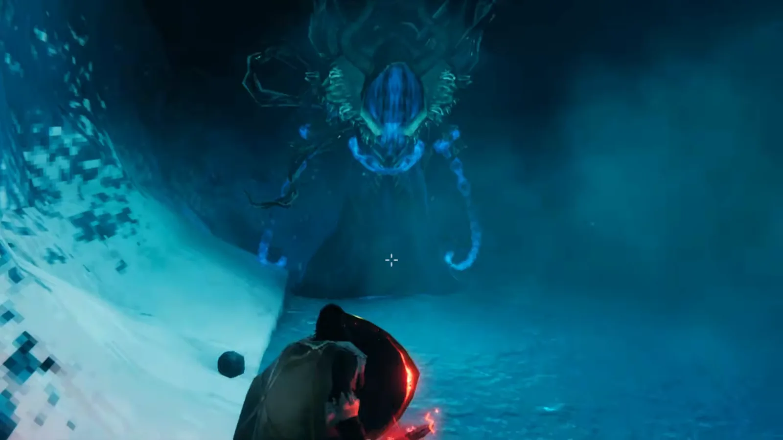 Kall Fimbulbringer looming over a shield-up player in phase 3 of the Valheim Deep North boss fight