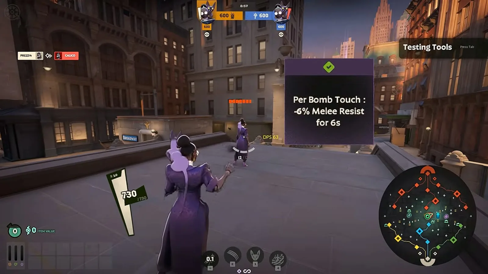 Gloom Bombs tier 2 tooltip showing -6% melee resist for 6s per bomb touch on Calico