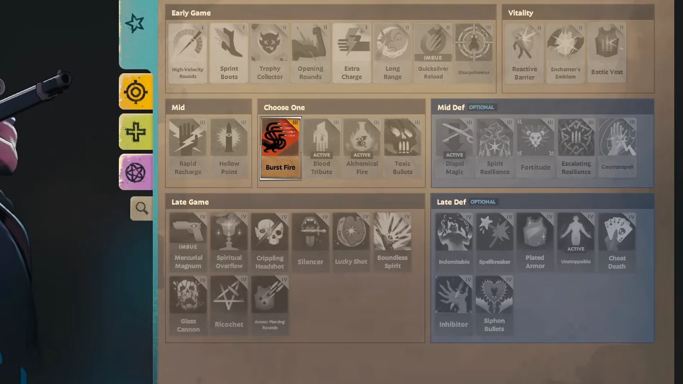 Vindicta build page with Burst Fire highlighted in the mid-game choose-one slot