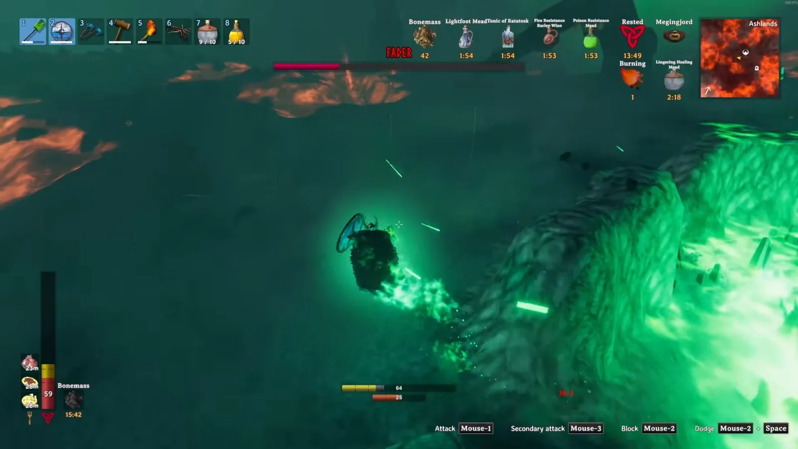 Player in Flametal armour running from Fader's green fire at low health