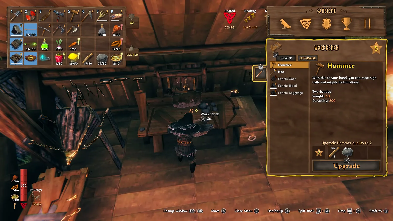 Valheim workbench upgrade tab offering to upgrade the Hammer to quality 2