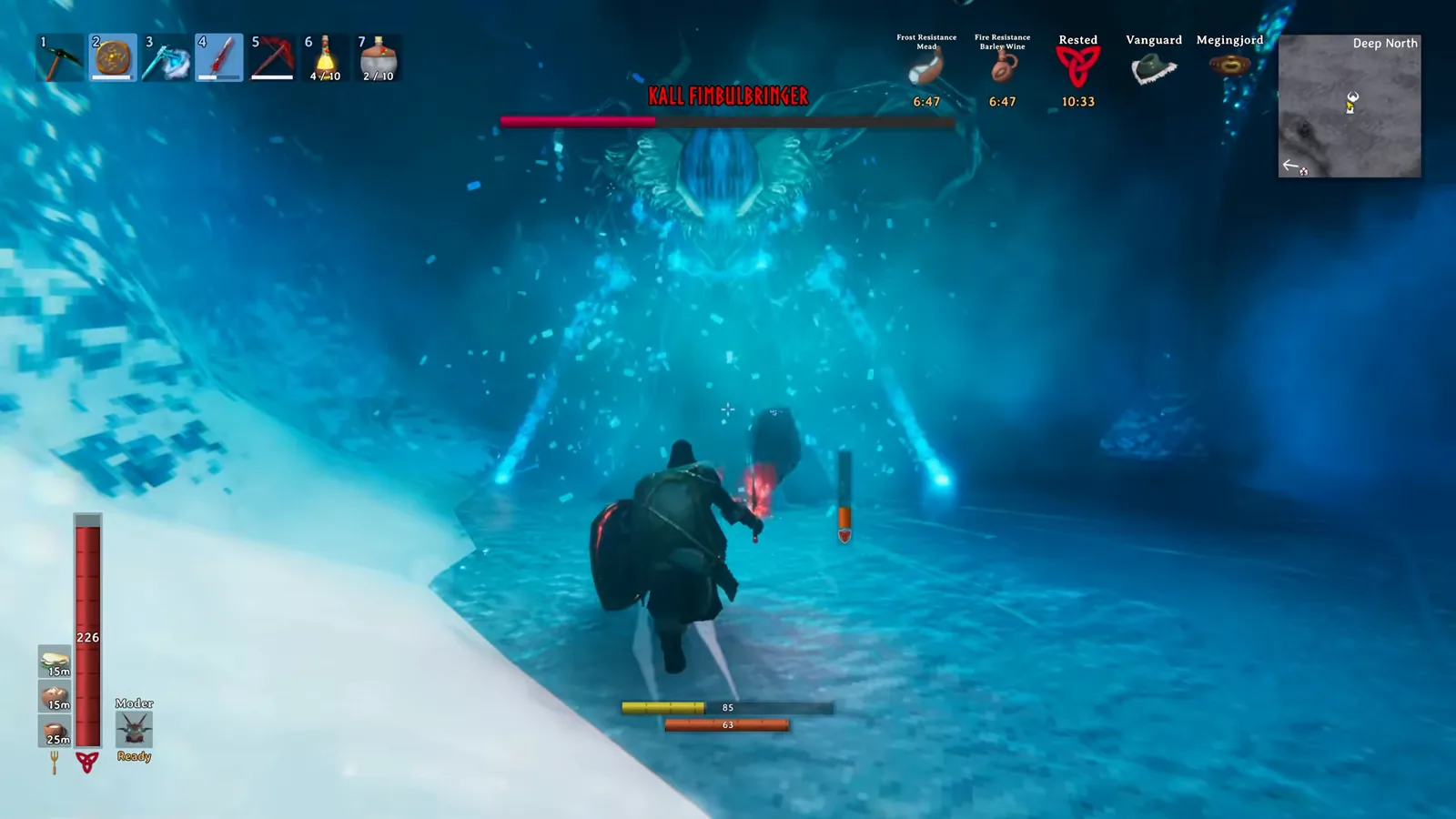 Player with back to the arena wall and shield raised during Kall Fimbulbringer's phase 3 in Valheim