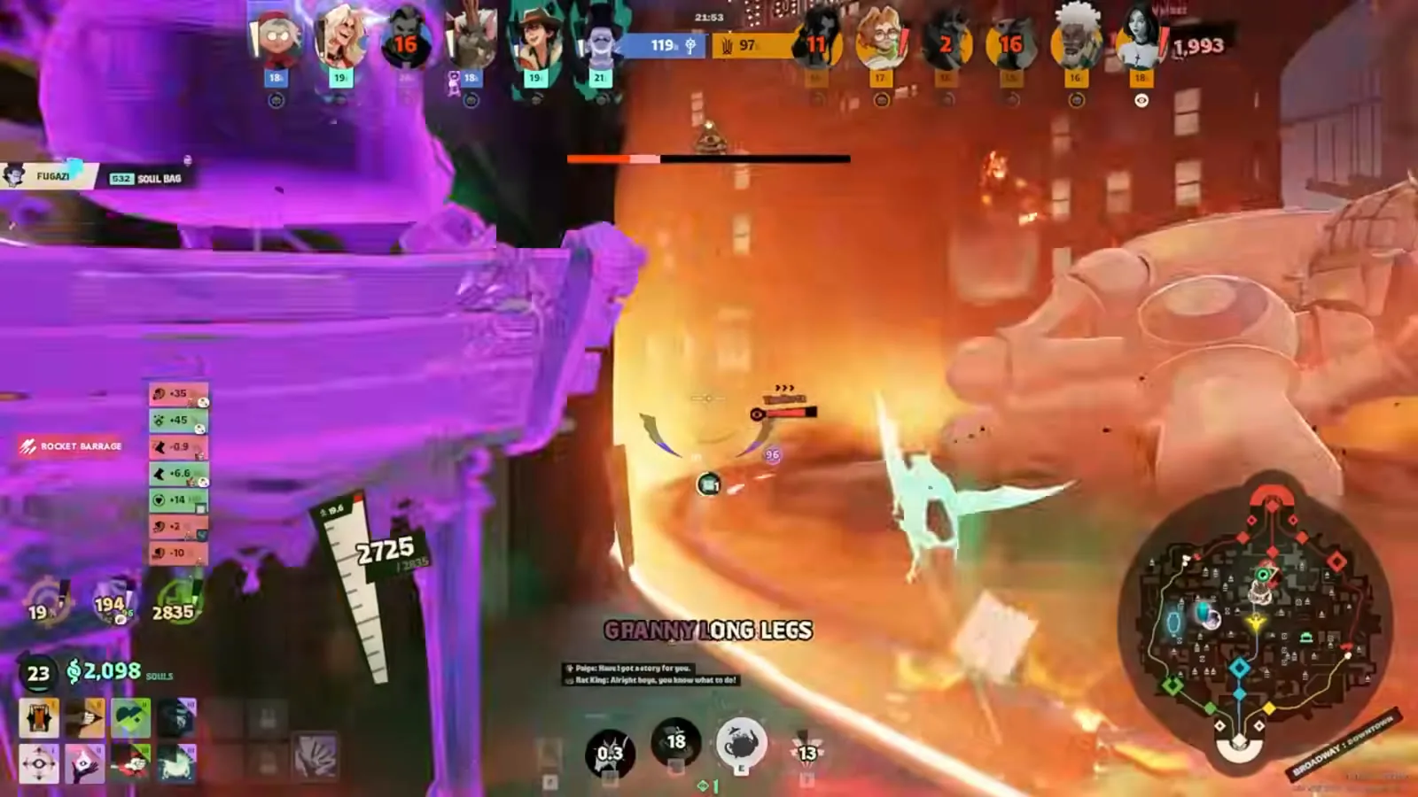 Baba on her bench caught in an enemy area attack during a Deadlock fight, Granny Long Legs active