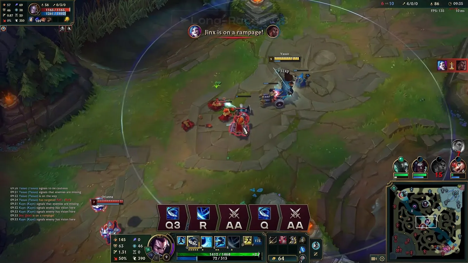 Yasuo ultimate combo on screen: Q3, R, auto attack, Q, auto attack