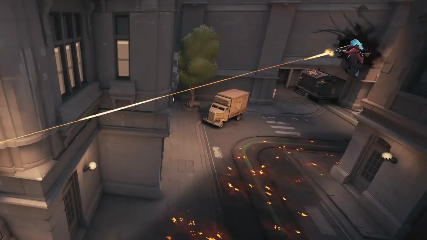 Vindicta firing a long tracer shot from the air across a Deadlock street