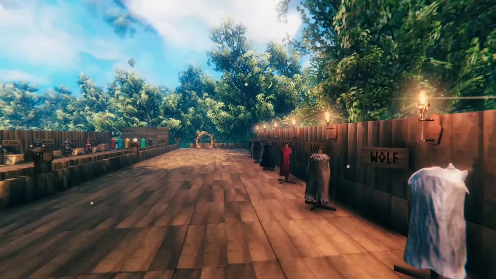 Rows of Valheim armor sets on display stands, from rag and leather to wolf armor