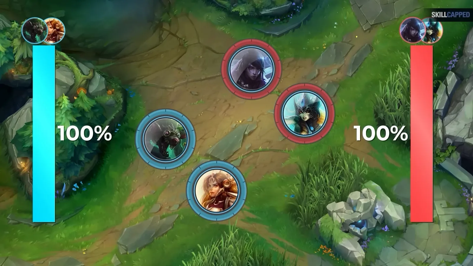 Bot lane health bars shown as a shared power gauge for both duos in League of Legends