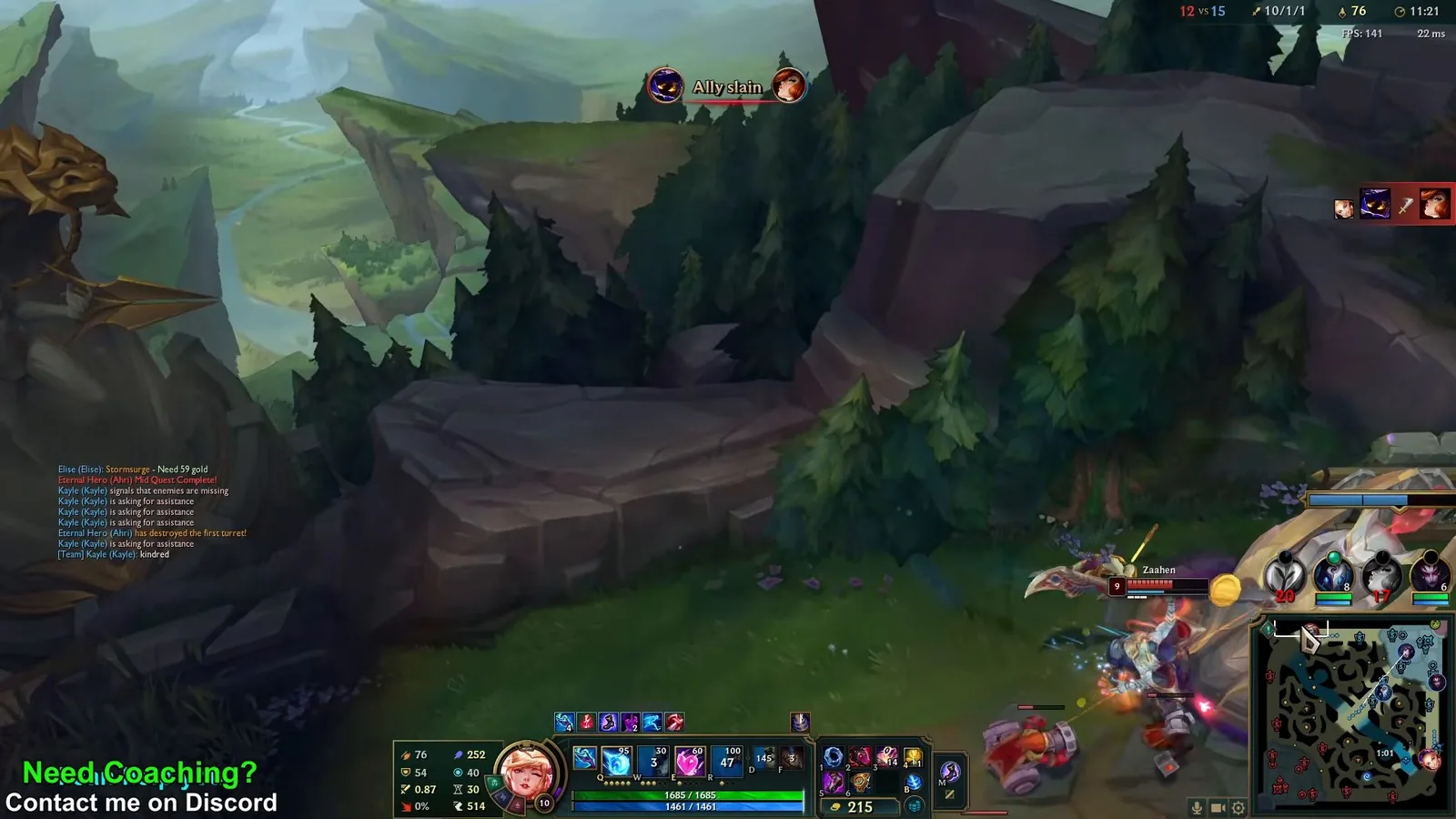 Chat showing Ahri's Mid Quest Complete message just before the first turret falls
