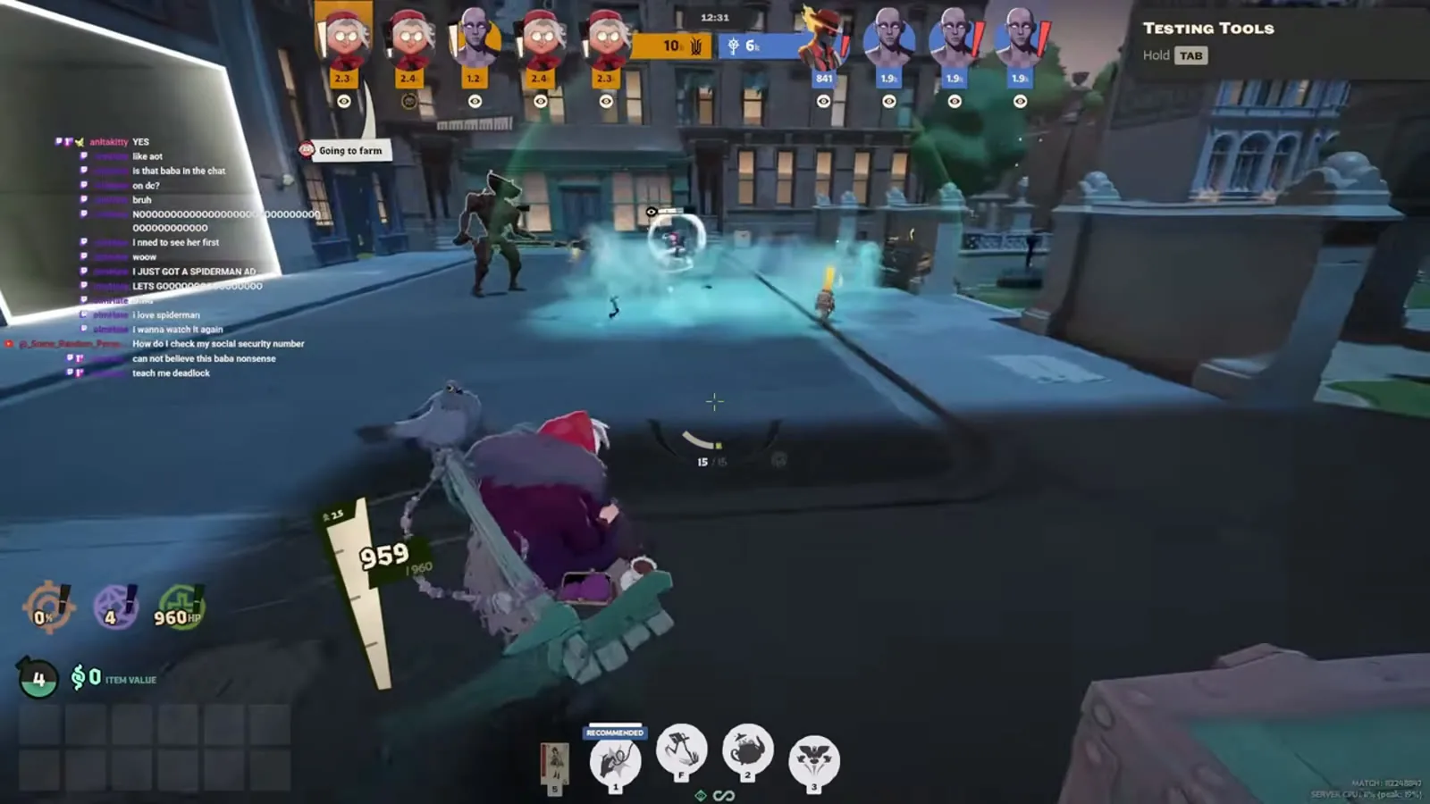 Baba charging a heavy melee to break a heavy crate for souls in the Deadlock jungle