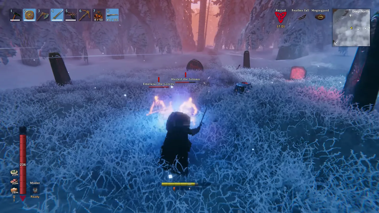 Fighting the Viking spirit summoned with Memorial Coal at a Memorial site in the Valheim Deep North