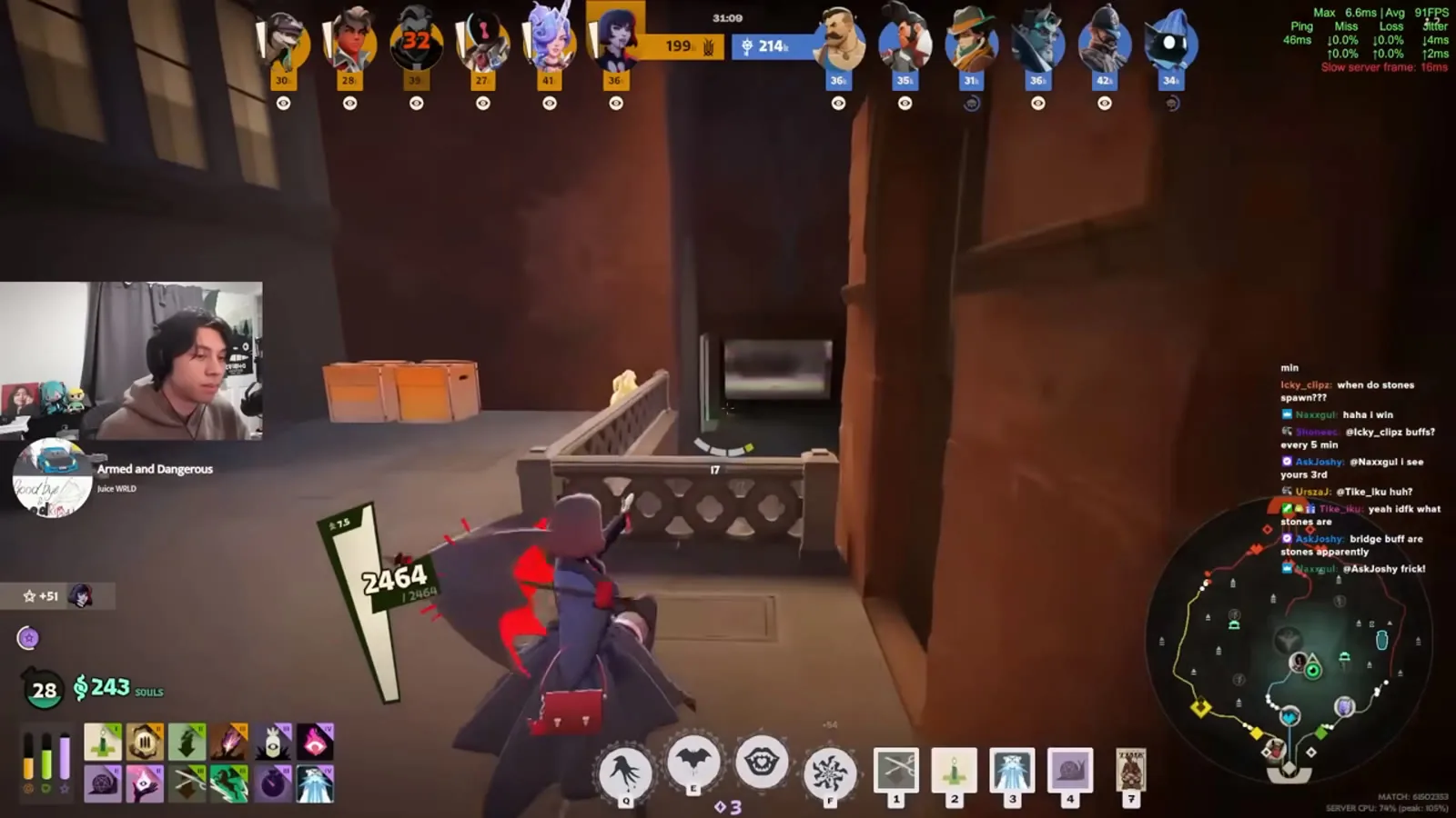 Deadlock hero in a narrow alley between buildings where wall jumps and corner boosts apply