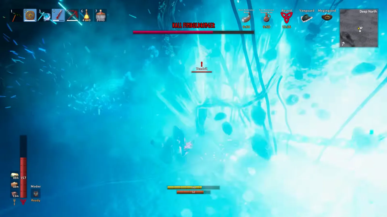 Kall Fimbulbringer's Tendril roots throwing lightning in the frozen Valheim arena during phase 3