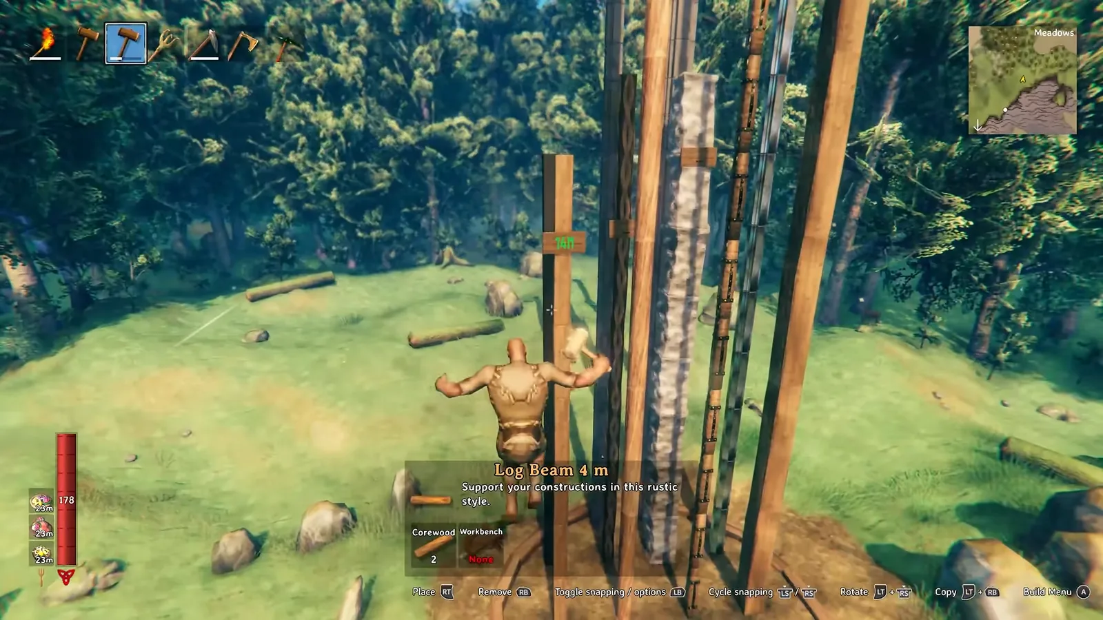 Valheim test tower of stacked poles from different building materials with a Log Beam 4m tooltip