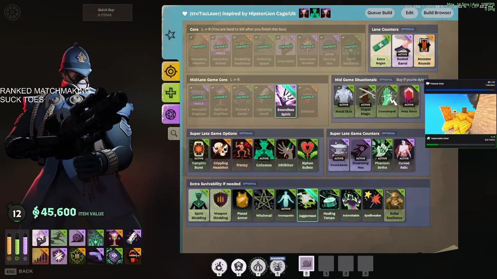 Warden full build page with super late game options and counter items in the Deadlock shop