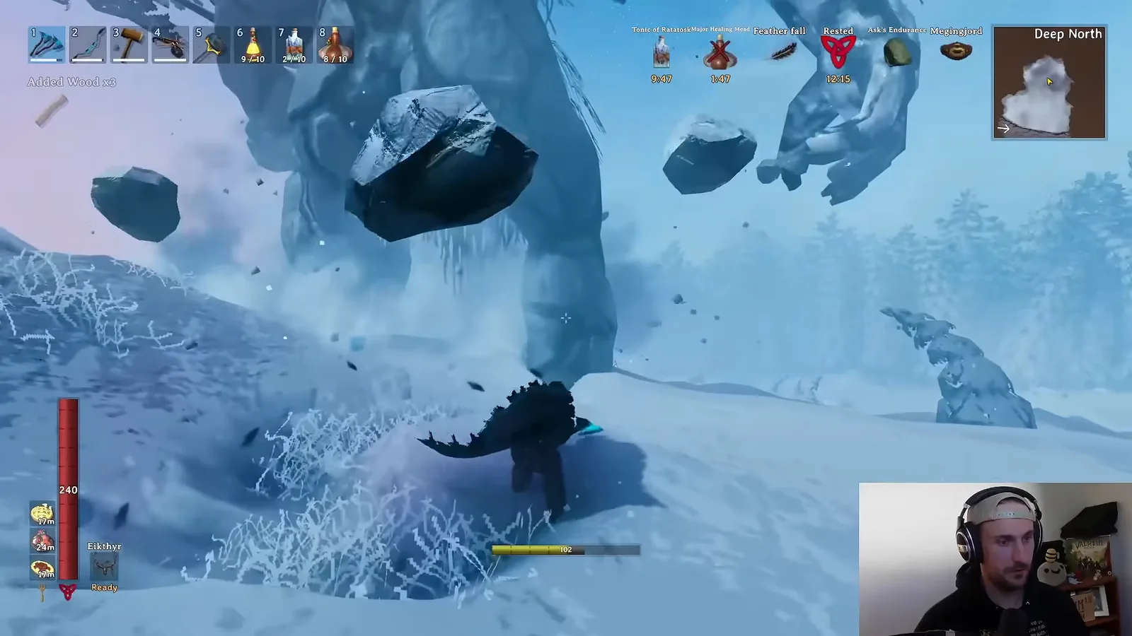 A Gammeltroll petrifying in the snow of the Valheim Deep North, the source of Bloodgold