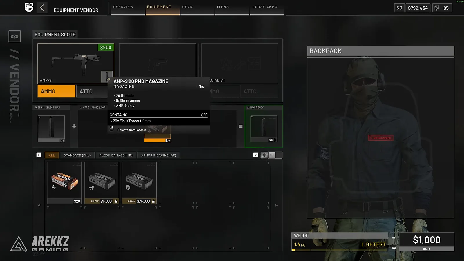 WARDOGS vendor magazine and ammo screen with FMJ, flesh and armor piercing ammo