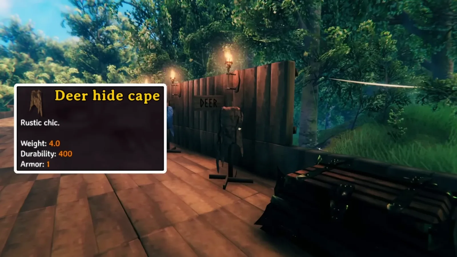 Valheim Deer hide cape tooltip showing 1 armor and 400 durability in the Meadows