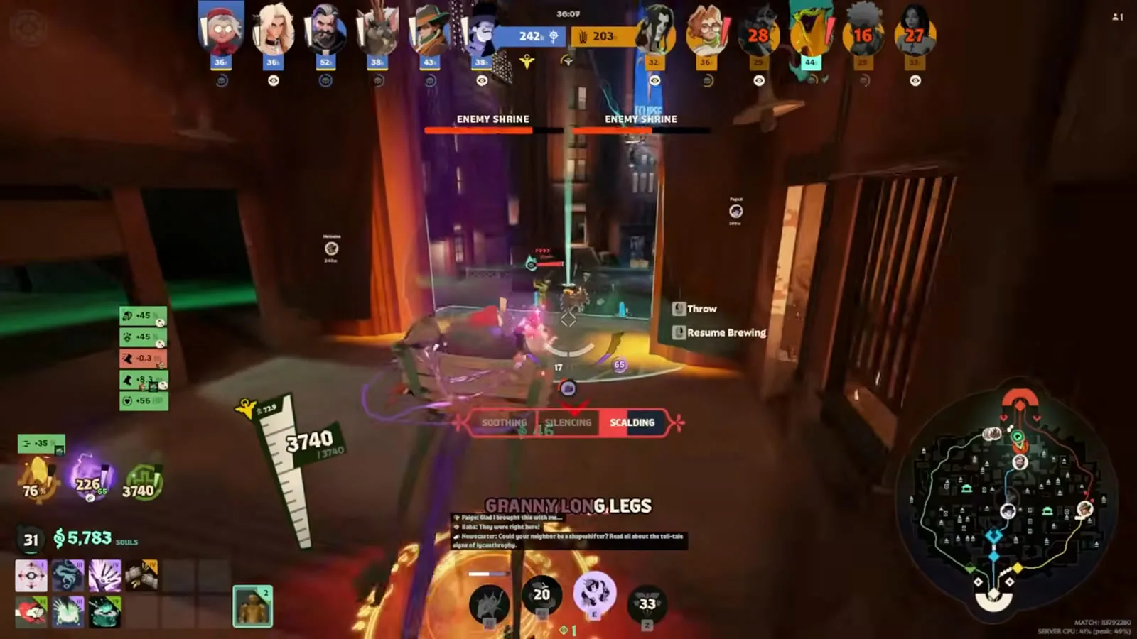 Baba roaming the Deadlock jungle near an enemy shrine with Granny Long Legs active and the minimap showing her team