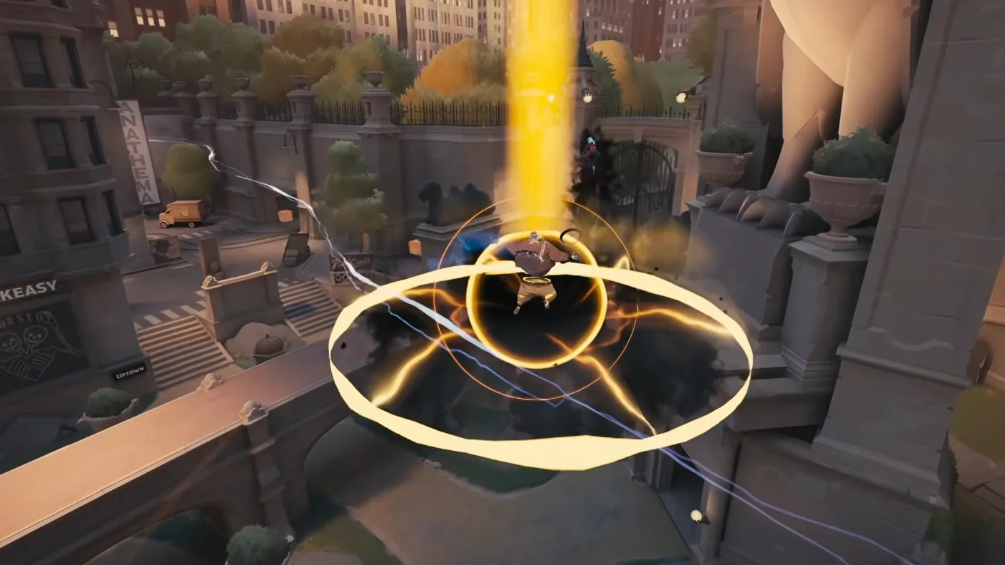 Vindicta's Stake capture ring tethering an enemy hero in a Deadlock park