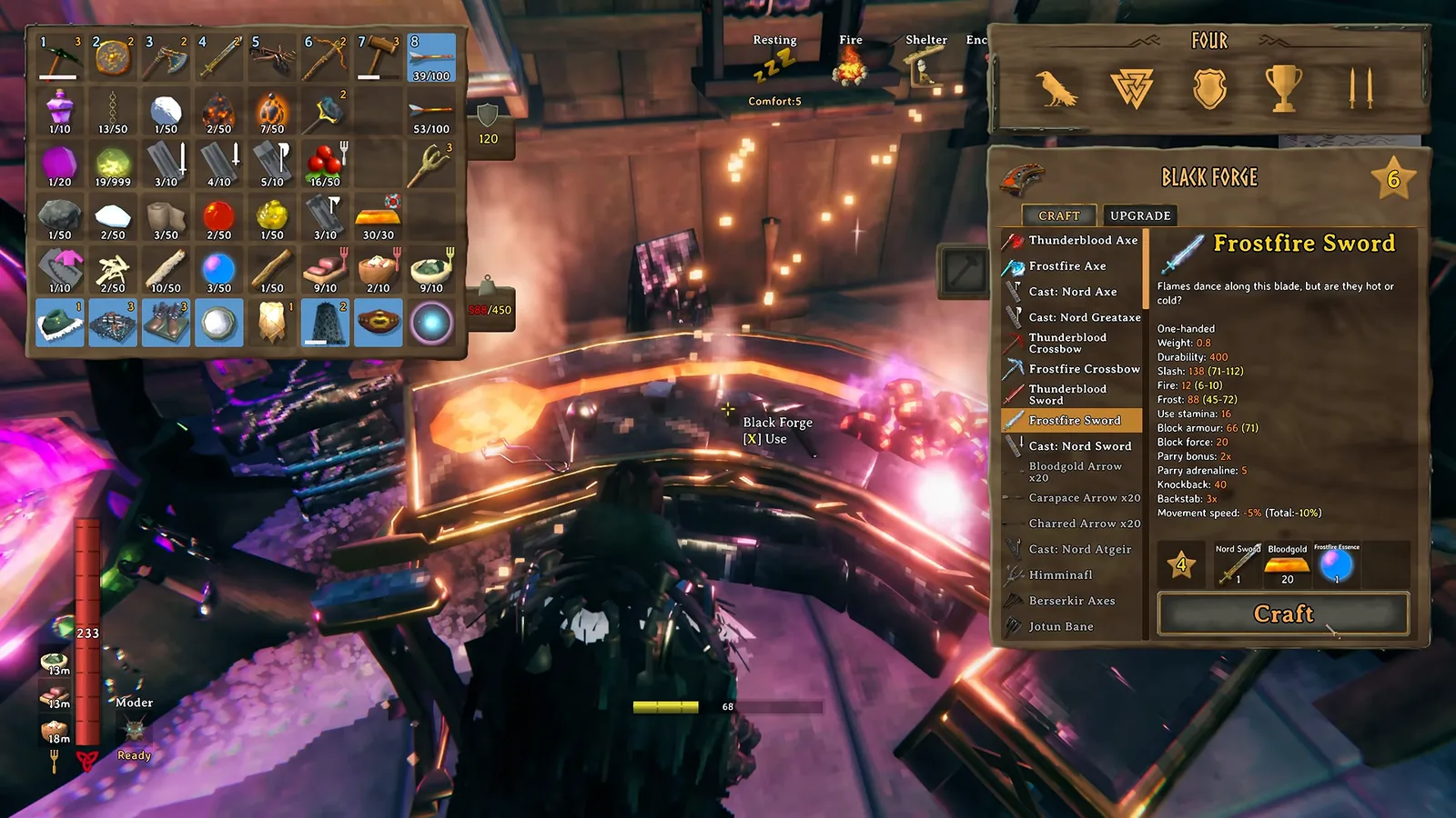 Frostfire Sword tooltip at the Black Forge in Valheim 1.0 showing slash, frost and fire damage