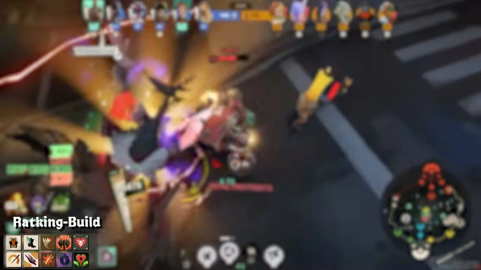 A late-game Rat King team fight full of ability effects, with the Ratking-Build item grid in the corner
