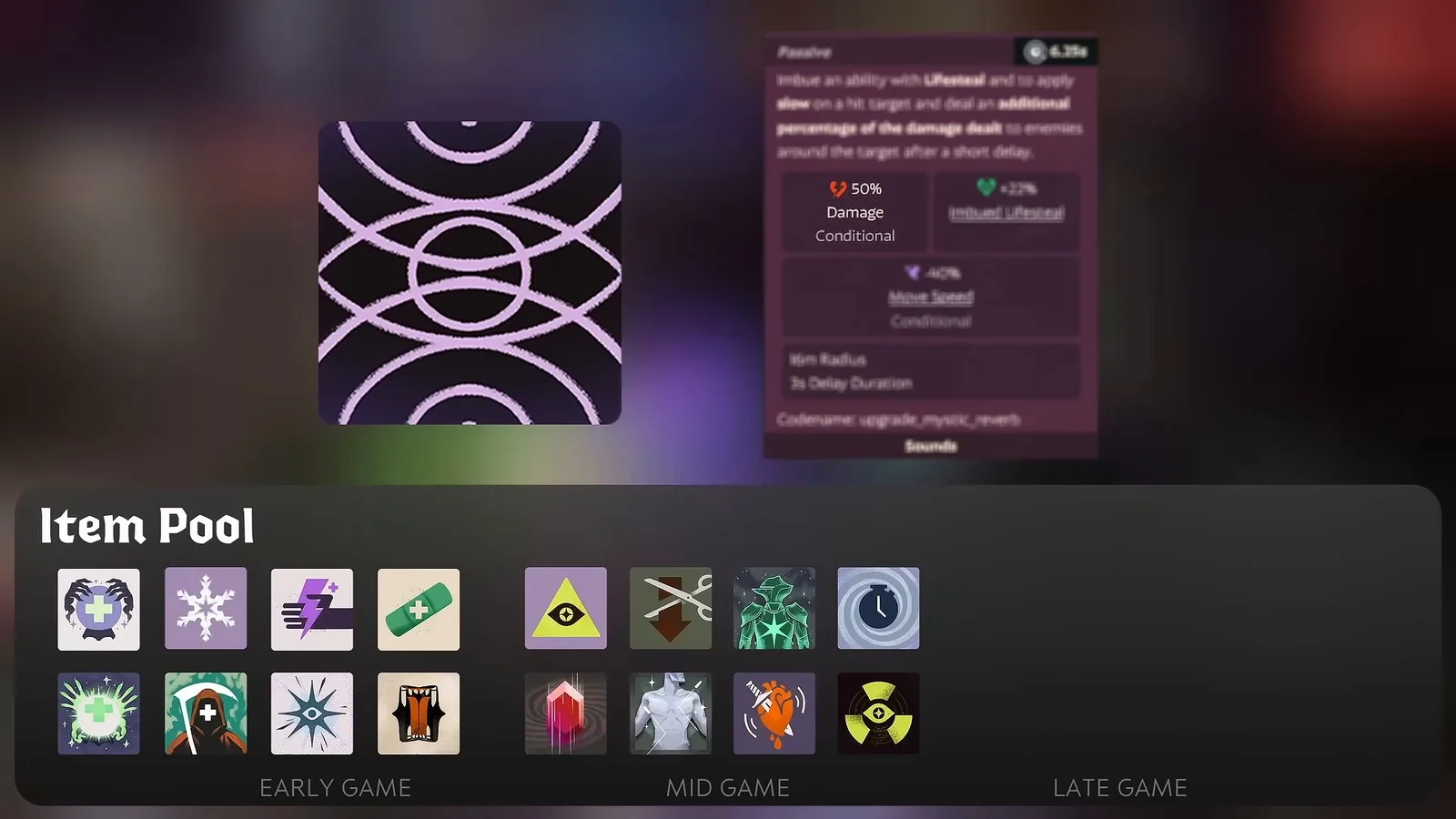 Shiv late-game item pool with the Mystic Reverb tooltip showing its slow and imbued lifesteal