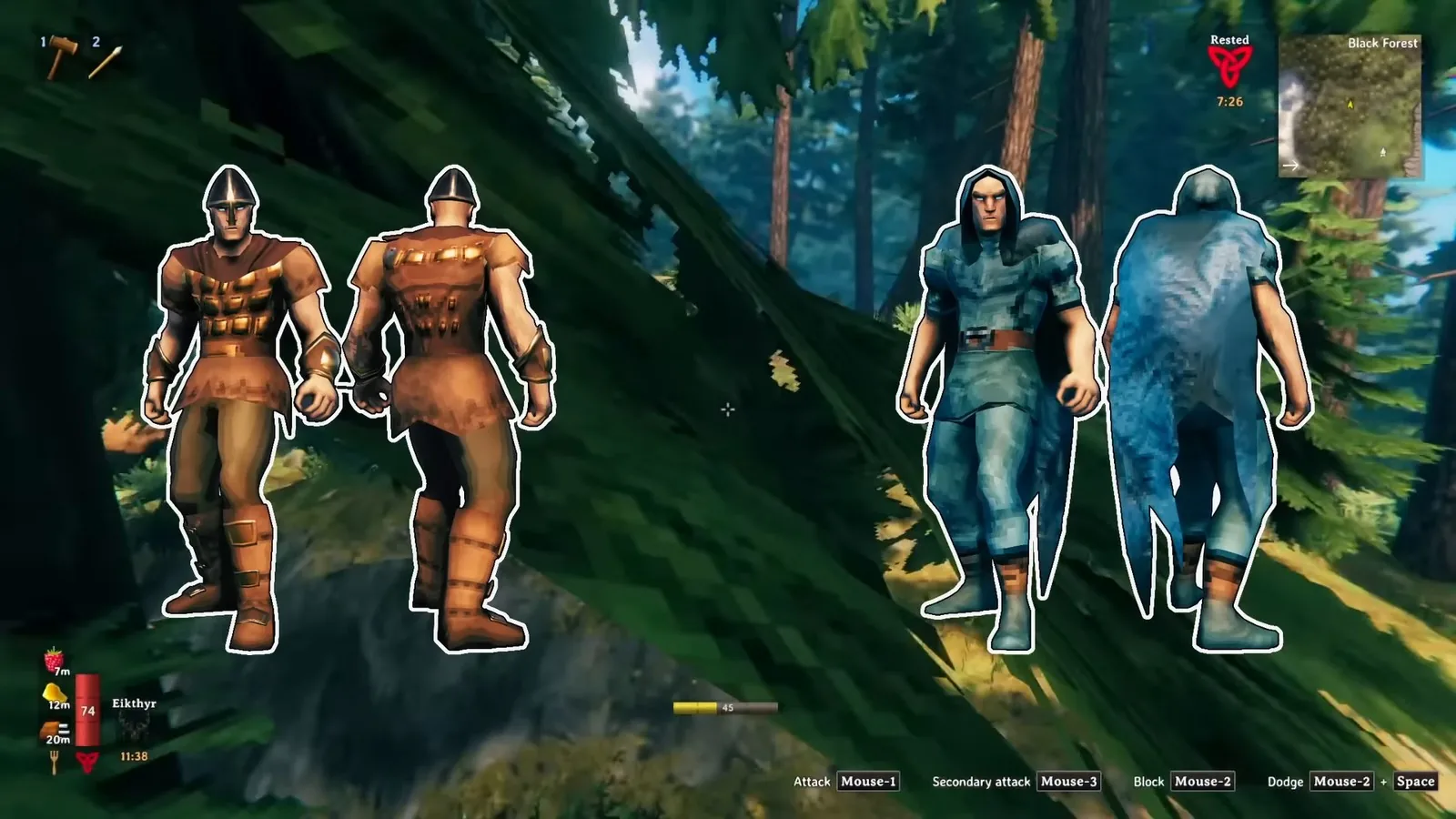 Valheim bronze armor and troll leather armor sets compared side by side in the Black Forest