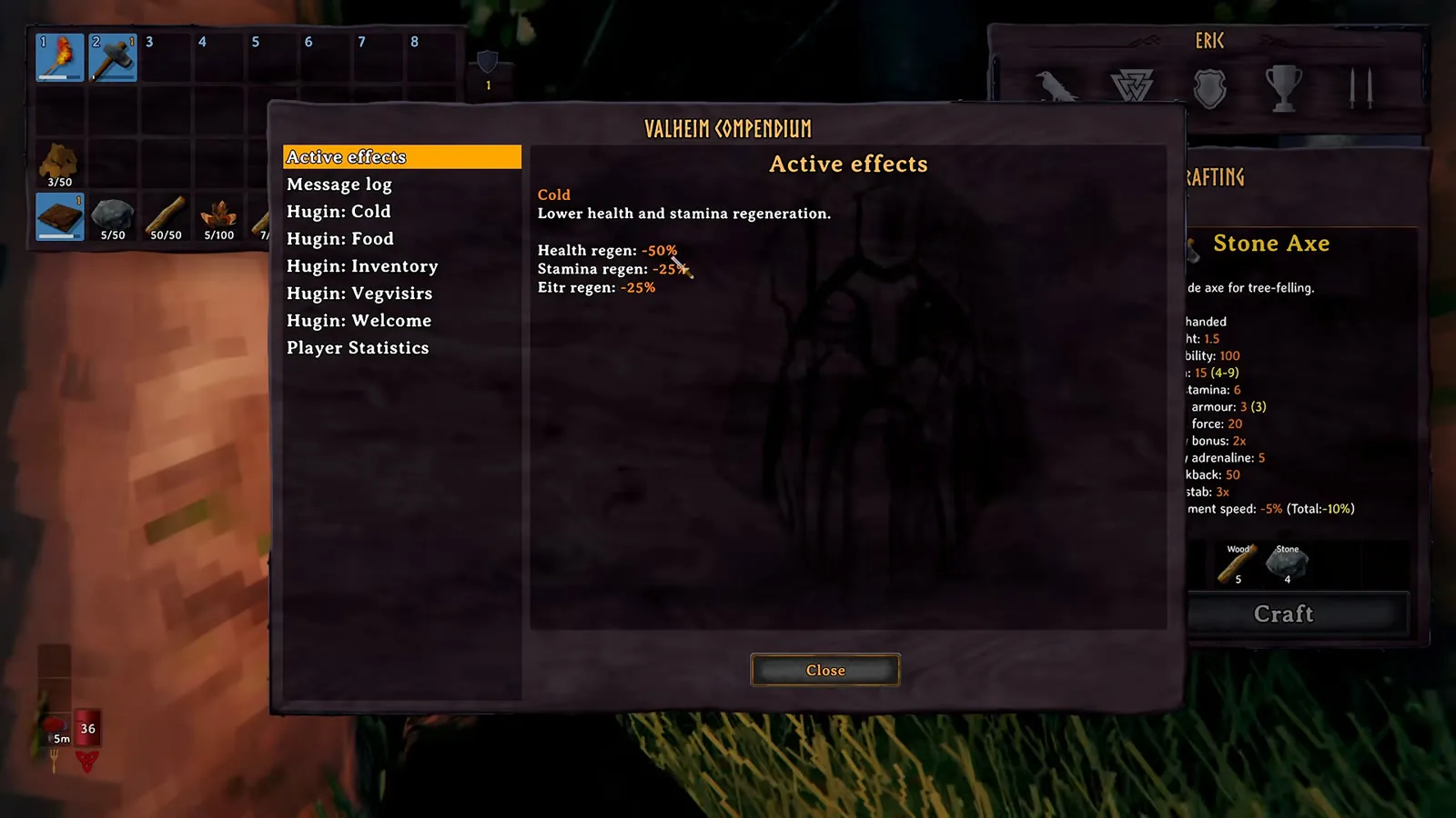 Valheim compendium Active effects page showing the Cold debuff to health and stamina regen