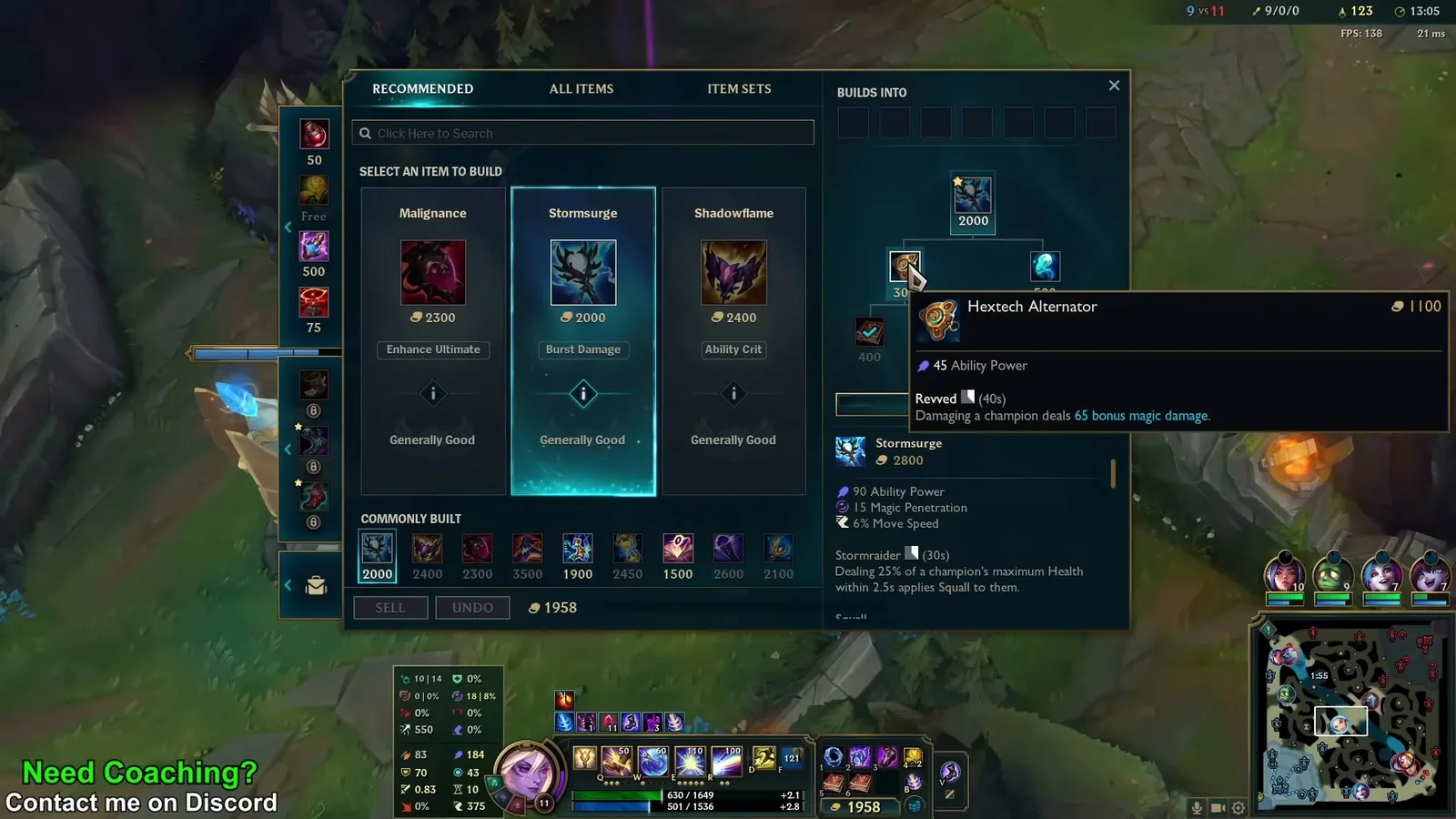 Item shop at 13:05 with Lux buying Stormsurge from the recommended Malignance, Stormsurge and Shadowflame
