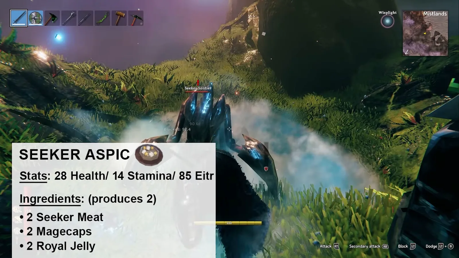 Seeker aspic card in the Mistlands: 28 health, 14 stamina and 85 eitr