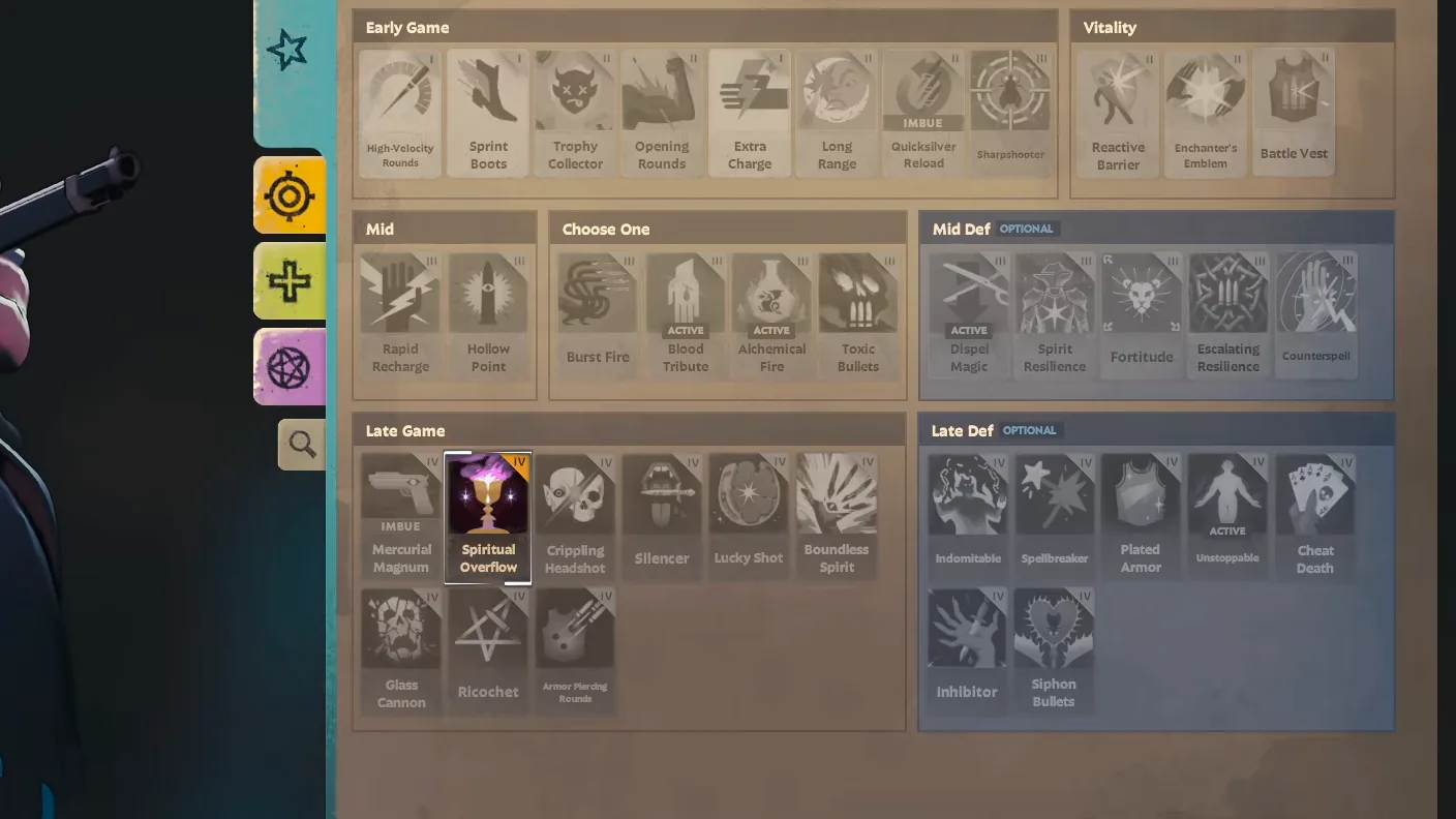 Vindicta build page with Spiritual Overflow highlighted among late game items