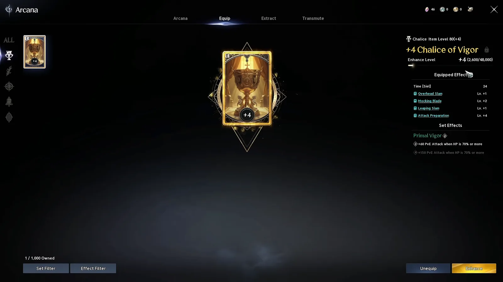 AION 2 Gladiator +4 Chalice of Vigor arcana card with Overhead Slam and Attack Preparation