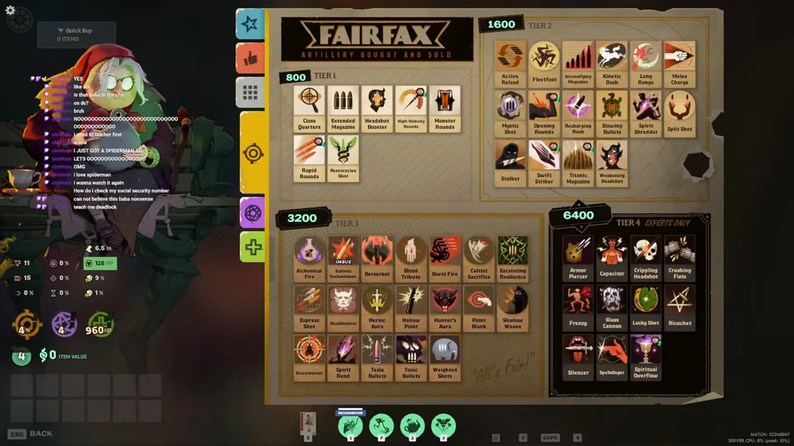 Deadlock Curiosity Shop weapon tab with Tier 1 to Tier 4 items priced 800, 1600, 3200 and 6400 souls