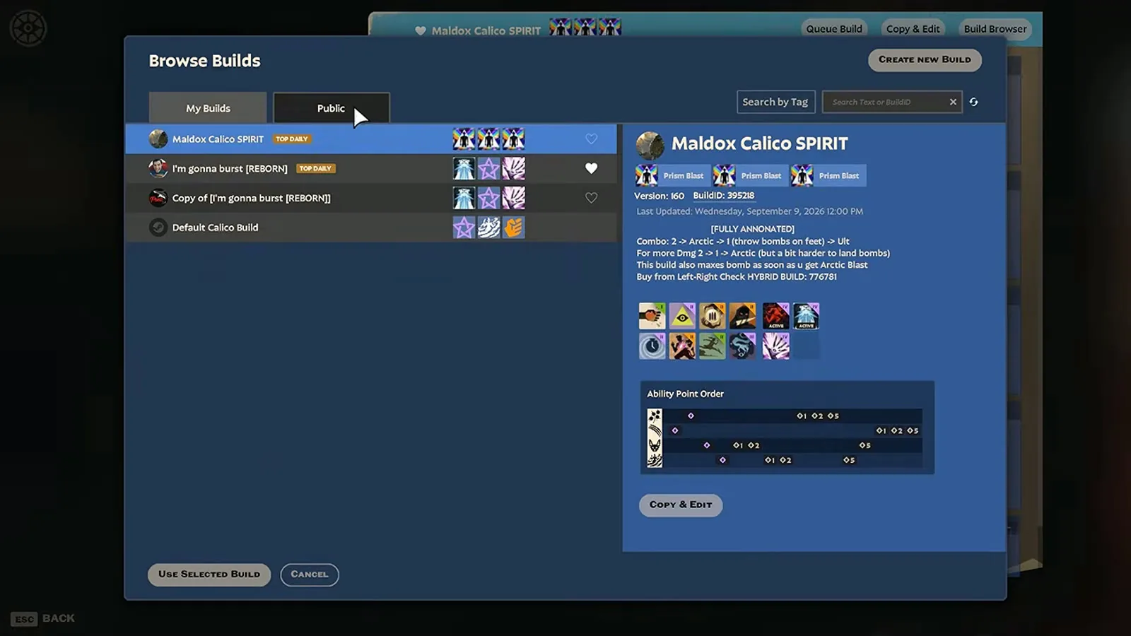 Deadlock build browser showing the Maldox Calico SPIRIT build with its items and combo notes