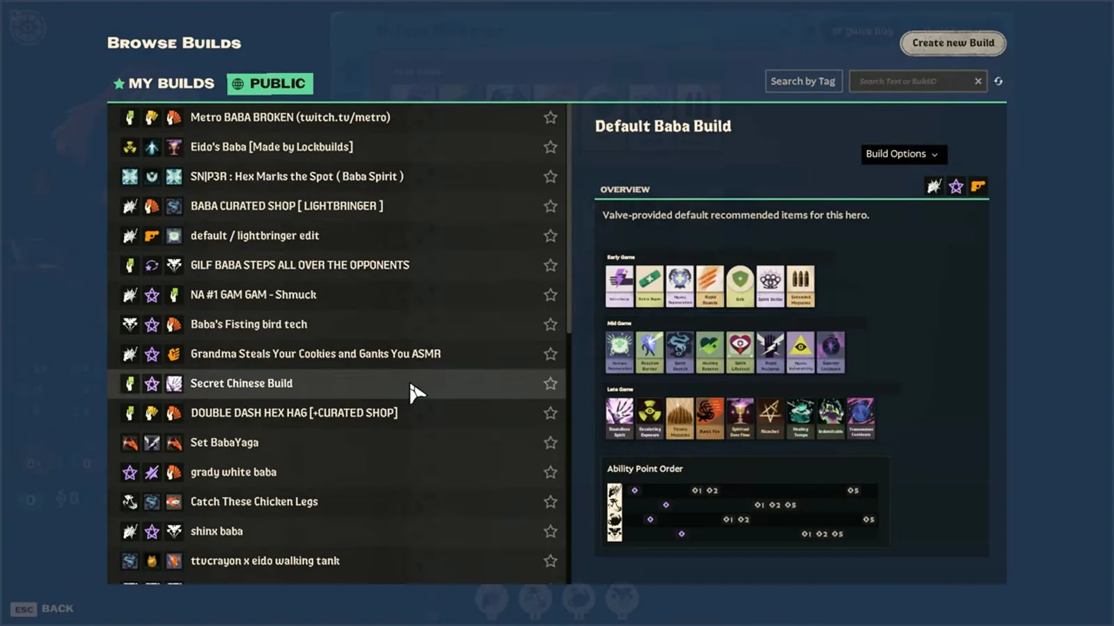 Deadlock build browser Public tab listing community Baba builds next to the default build