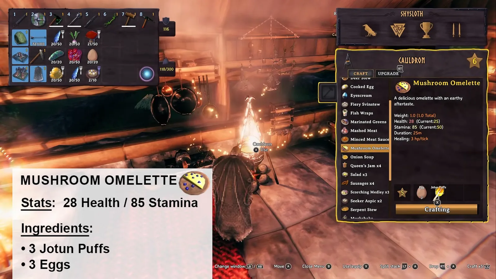 Mushroom omelette in the Cauldron menu: 28 health and 85 stamina from Eggs and Jotun puffs