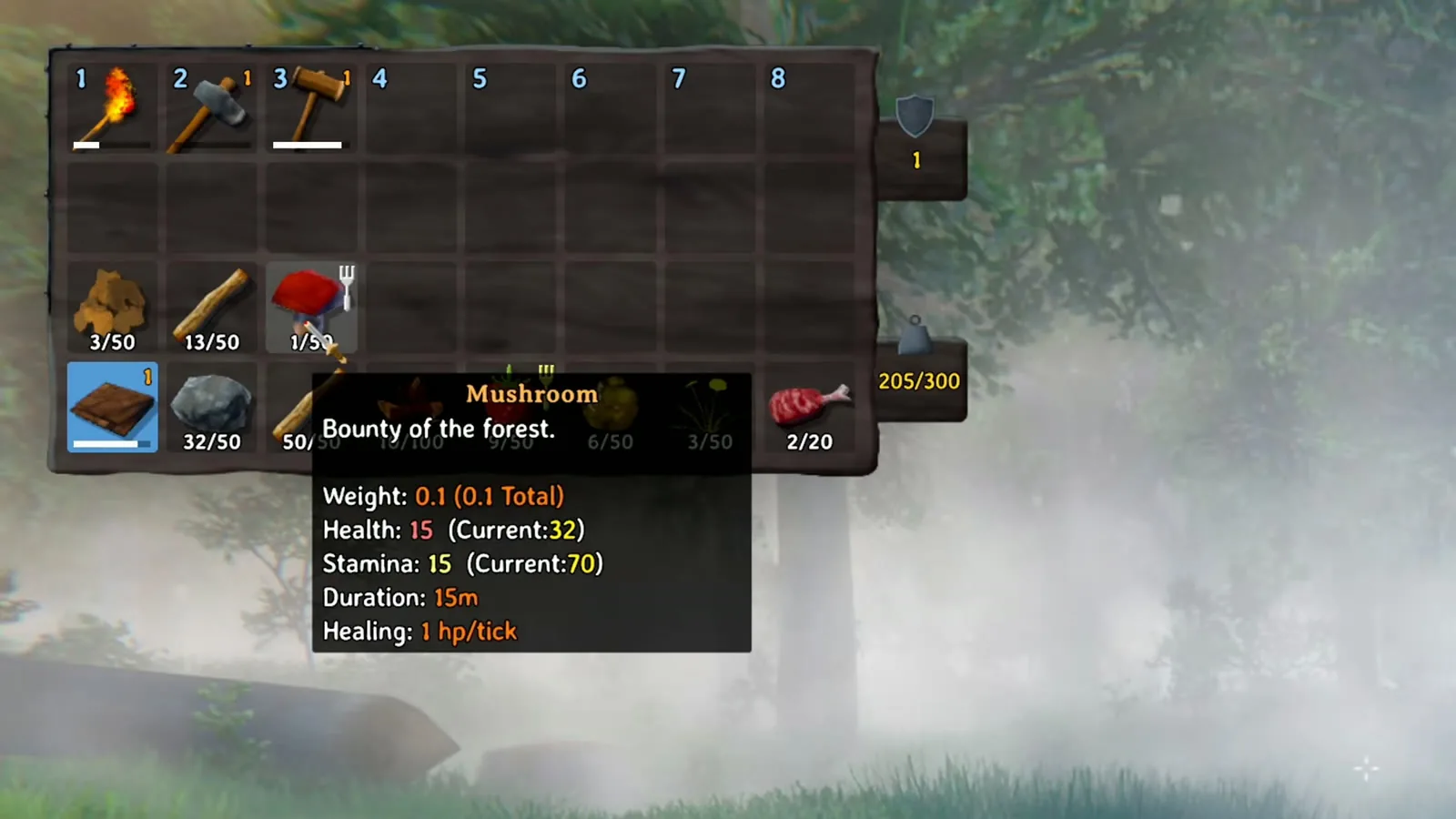 Valheim mushroom food tooltip showing 15 health, 15 stamina and 1 hp per tick