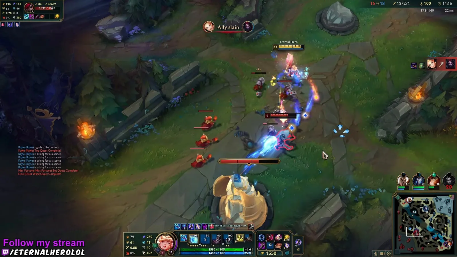 Ahri's Fox-Fire flames hitting Katarina in a mid lane fight near the turret