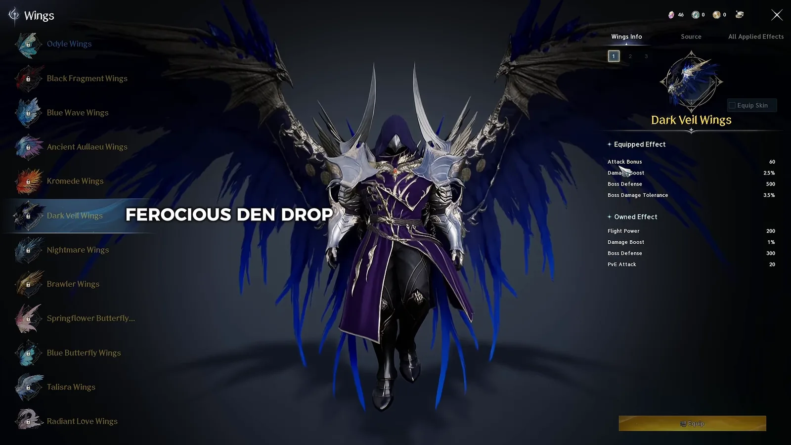 AION 2 Dark Veil Wings with attack, damage boost and boss defense effects on a Gladiator
